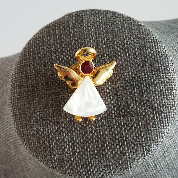 Small Gold Tone Angel Pin Mother Of Pearl & July Ruby Red Crystal - Picture 1 of 7